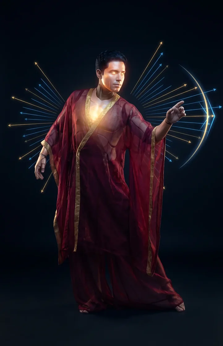 Courage — a figure with radiating vectors and a forward gesture