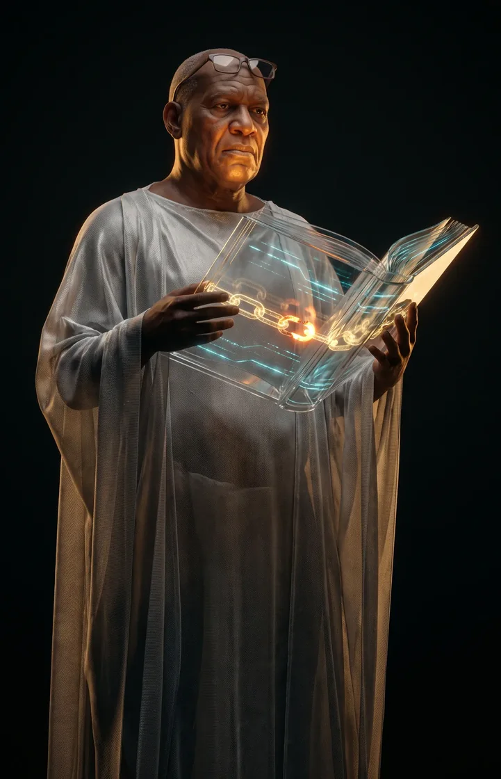 The Ledger — an elder holding the glass Mirror Ledger