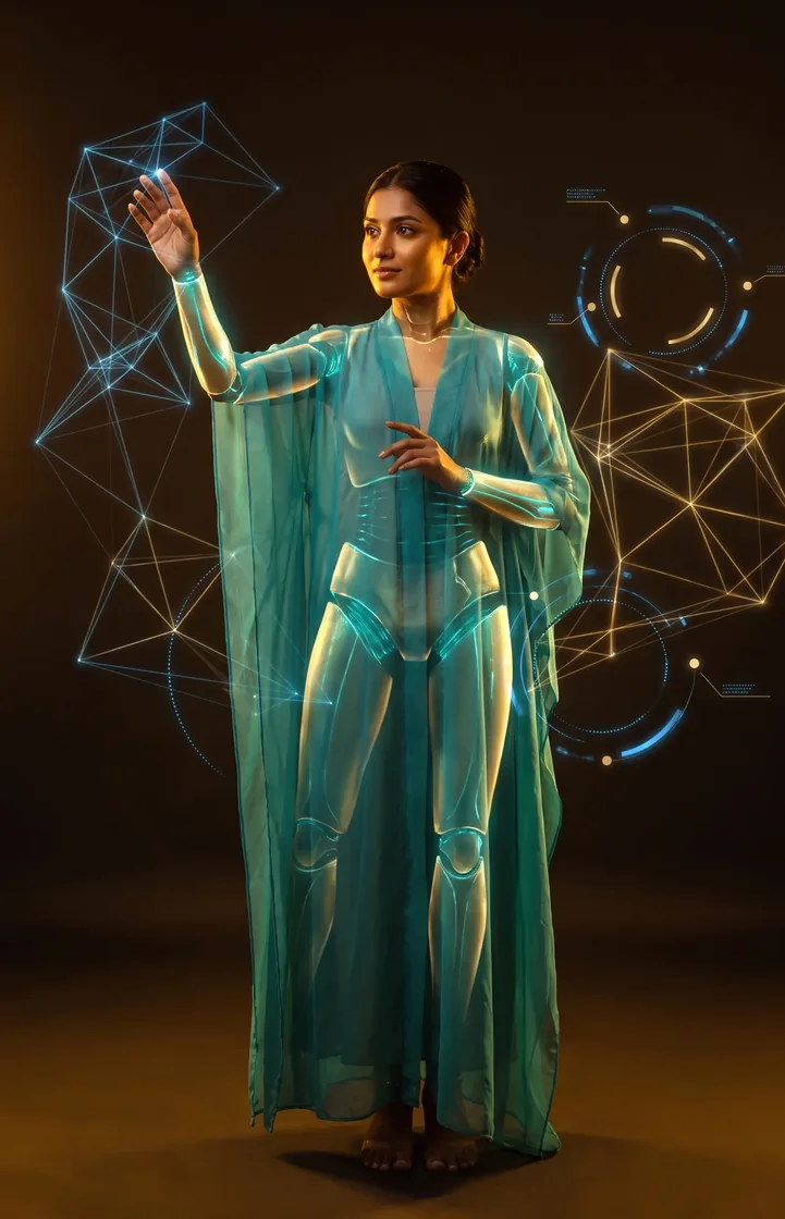 Teamwork — a figure touching a glowing node in a network lattice
