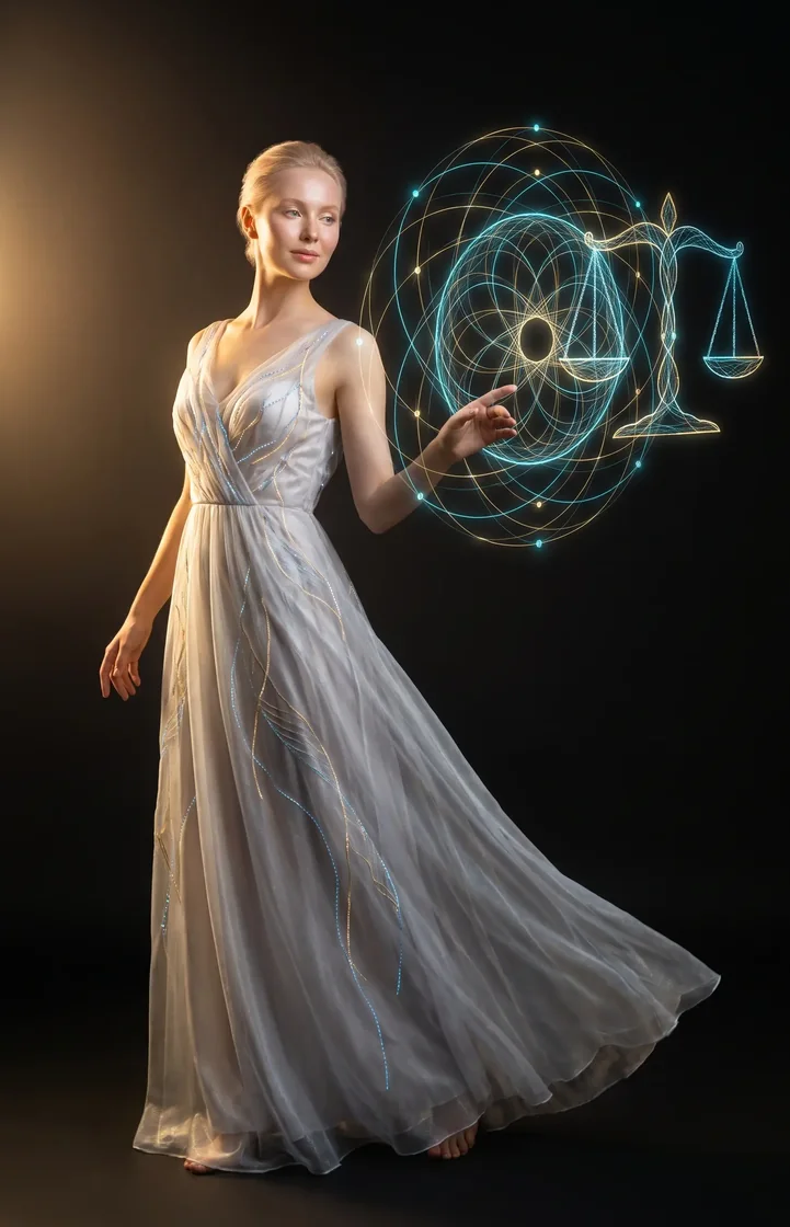 Temperance — a figure with a balance mandala and golden scales