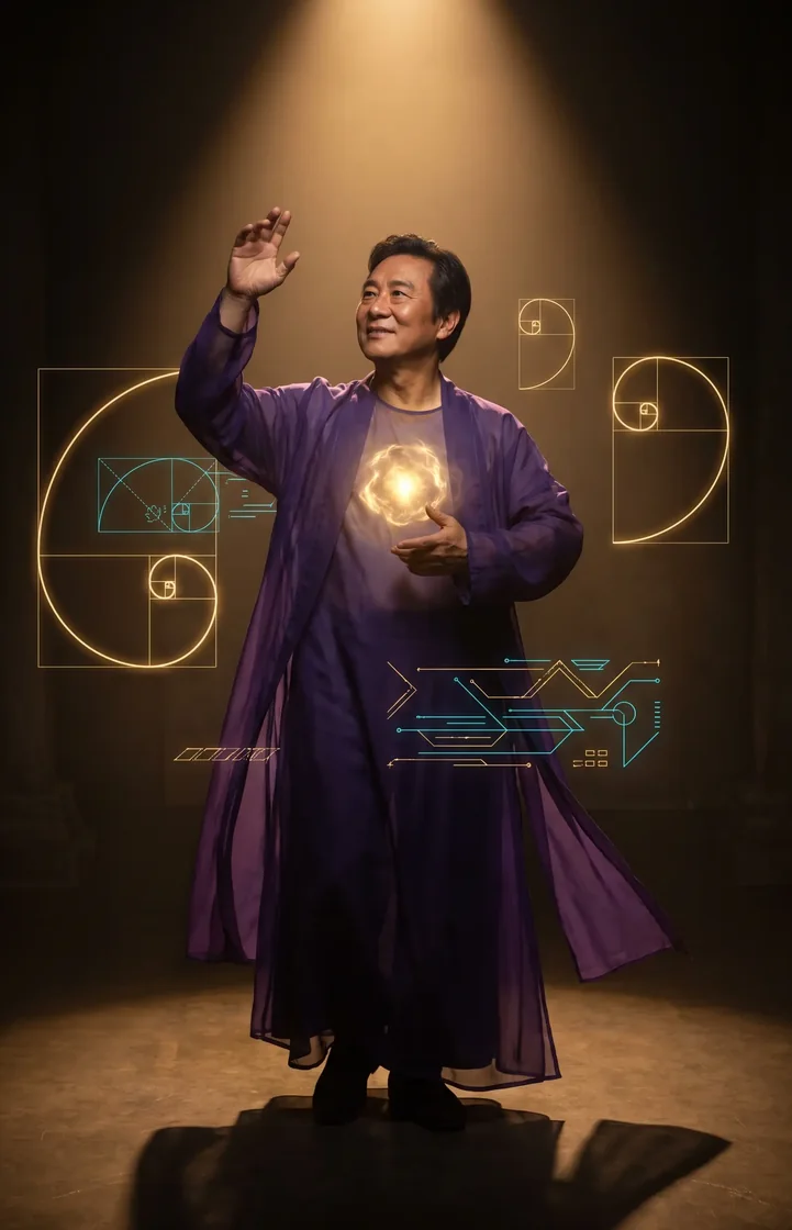 Wisdom — a figure with golden-ratio spirals holding a gold orb